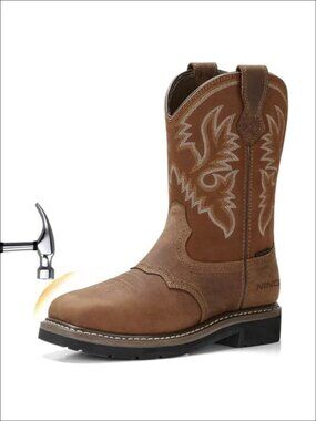HISEA NINGO Men Steel Toe Work Boots Square Toe Cowboy Boots Full Grain Leather
